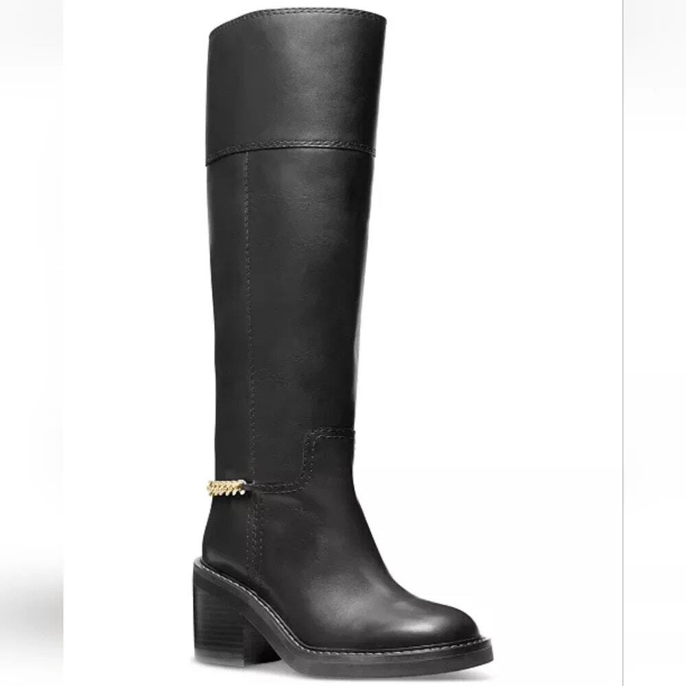 Michael Kors Black Leather Carlisle Boots Gold Chain Block Heel Women’s 8.5 NWOB